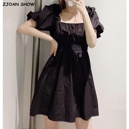 2021 Retro Spliced Ruffles Square Collar Short Dress Black White Puff Sleeve Women Elastic Ruched Waist Holiday Dresses