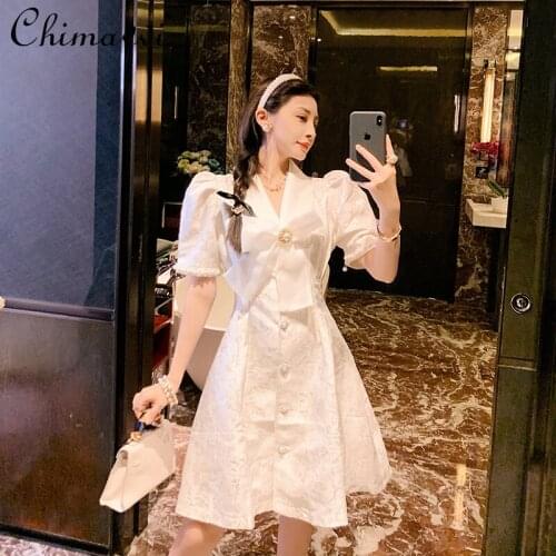 High-End Pearl Buckle Dresses for Women 2021 Summer Hepburn High Waist Slimming Dress Fashion Temperament French Sweet Dress