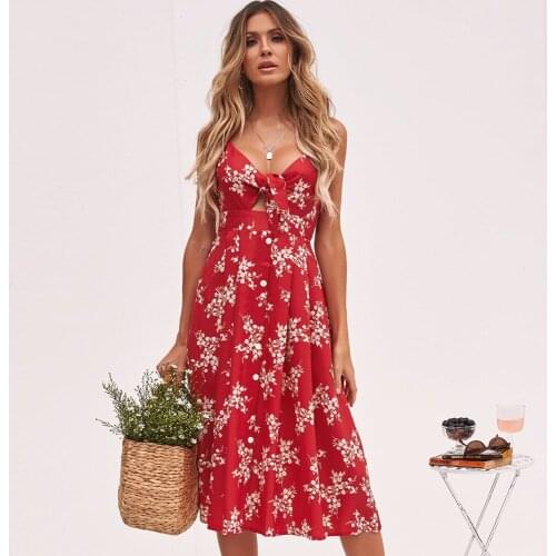 Summer Dress 2021Casual Flower Print Floral Slip Sundresses Backless Midi Red Dresses Women Clothing Bow Beach Vacation Vestidos