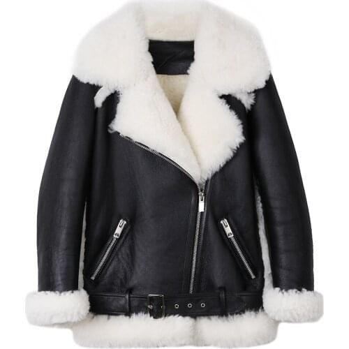 YOLOAgain winter warm women white lamb fur leather jacket ladies real sheepskin shearling jacket