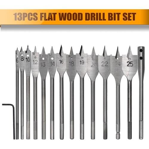 13PC Wood Drill Bit Set Flat Spade Extension Shank Hex Hole Cutting Borer Titanium Coated Woodworking Power Tool New