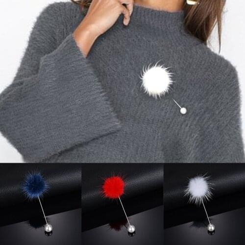 New Cute Charm Simulated Pearl Brooch Pins Women Korean Fur pompom Ball Piercing Lapel Brooches Collar Jewelry Gift Accessories