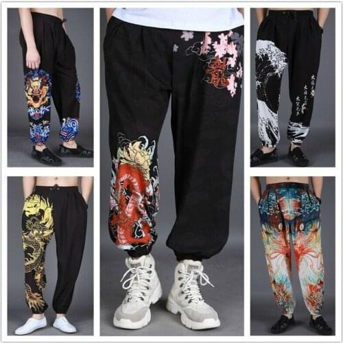 Men Harem Pants Trousers Loose Casual Dragon Vintage Baggy Fashion Black Boys Oversize 12Styles Plus Size XS-7XL