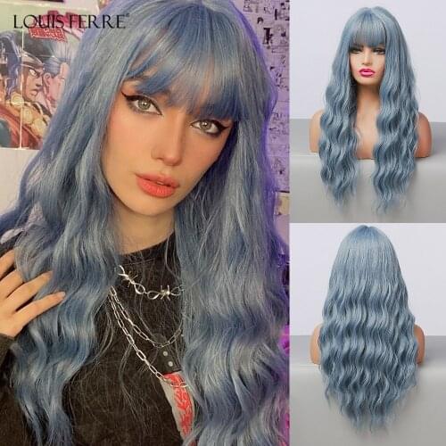 LOUIS FERRE Long Curly Wave Wigs with Air Bangs Synthetic Blue Cosplay Wig for Women Heat Resistant Colorful Costume Hair Wig
