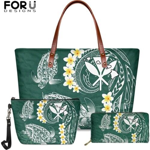FORUDESIGNS Kanaka Maoli Polynesian Plumeria Turtle Hibiscus Printing 3pcs/set Women Large Tote Bag Long PU Leather Purse 2020