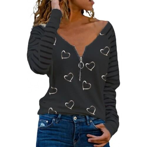 Womens T-Shirts Tees Long Sleeve Love Heart Print Fashion Zipper T-shirt Top for Spring Sexy Casual Tops Female Clothes
