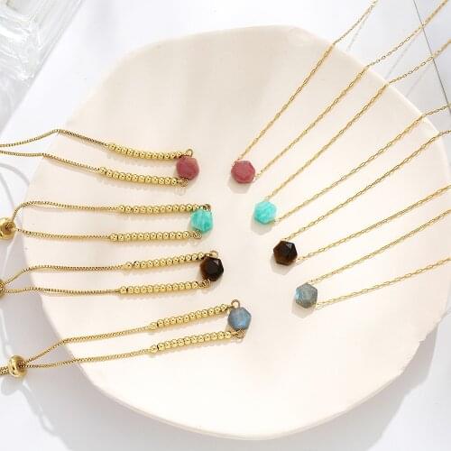 Geometric Natural Stone Charm Necklace and Bracelet Set for Women Boho Moonstone Tiger Eye Pendant Jewelry Sets Korean Gifts