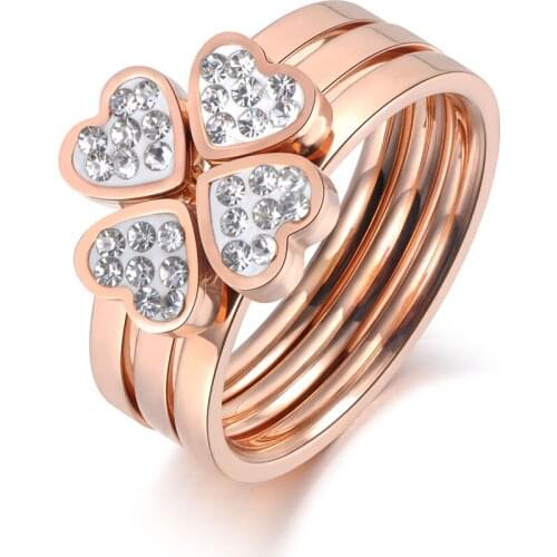 Classic 3 In 1 Rose Gold CZ Crystal Love Heart Flower Ring Jewelry Stainless Steel Wedding Ring For Women Girls R19074