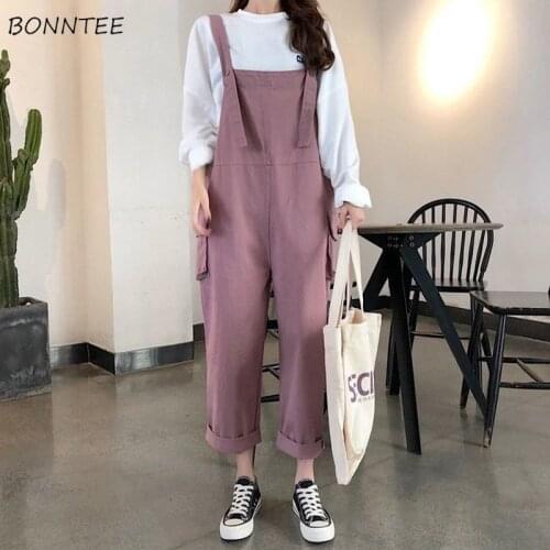 Jumpsuits Women Solid Pink Ankle-length Simple Pockets Korean Style Lovely Popular Young Teens Basic Classic Casual High Street