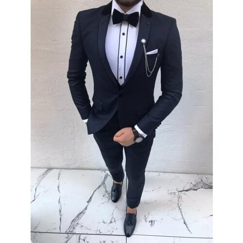 Latest Design Costume Homme Mariage Dark Blue Slim Fit Notch Lapel Wedding Men Suits Tuxedo 3 Pieces Terno Masculino Blazer