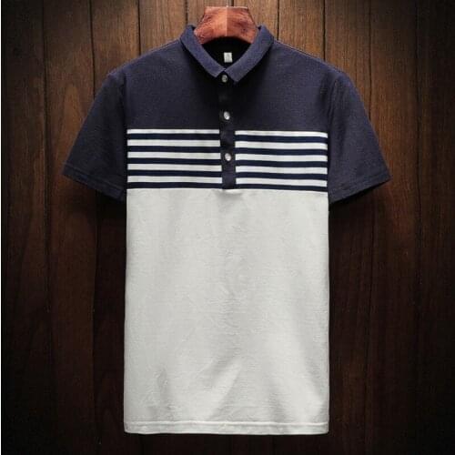 Summer Striped Men Cotton T-shirt Slim Fit Business Man Casual T-shirts Office Work Short Sleeve Lapel Collar Pullover Tees Tops