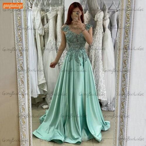 Fashion Arabic Beaded Prom Dresses Long 2021 Green Vestidos De Gala Boho Sleeveless Lace Appliqued Satin A Line Women Party Gown