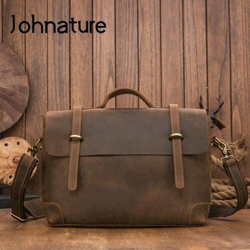 Johnature Handmade First Layer Cow Leather Vintage Handbag 2021 New Crazy Horse Men Laptop Bag Business Shoulder Messenger Bag