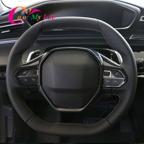 Color My Life Interior Car Steering Wheel Panel Cover Sequins Trim for Peugeot 2008 2019 2020 2021 ABS Carbon Fiber Sticker