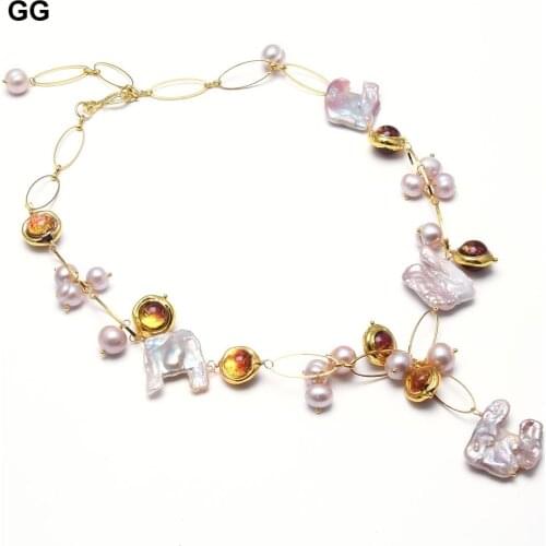 GG Jewelry Natural Freshwater Cultured Purple Keshi Pearl Orange Murano Glass Choker Necklace 21" Handmade For Women