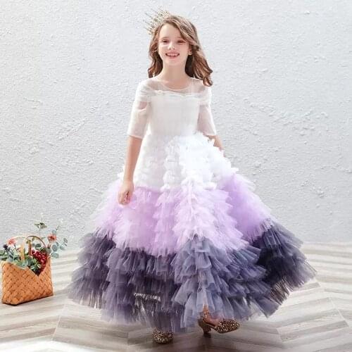 Flower Girl Dresses Illusion O-Neck Half Pleat Princess Floor-Length Luxury White Cute Tulle Lace Elegant Kids Party Gown H475