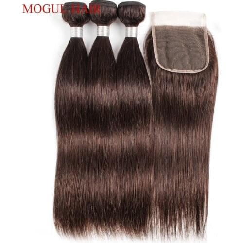 MOGUL HAIR Color 4 Chocolate Brown Straight Hair Bundles with Closure Peruvian Straight Remy Human Hair Extension 10-24 inch