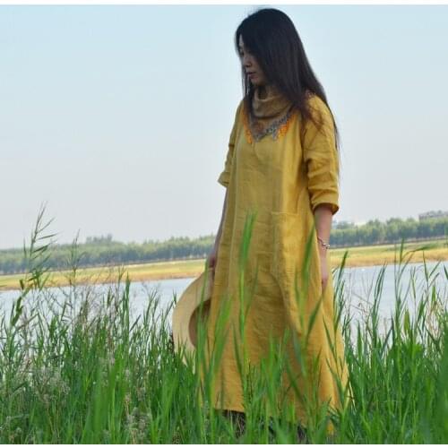 Women Loose Solid Color Ramie Dress Ladies Vintage Ramie Dresses Female 2020 Summer Autumn Ramie Dress