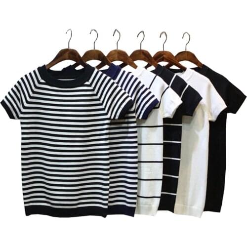 Summer Short Sleeve Striped Pullover Women Sweater Knitted 2021 Sweaters O-Neck Tops Korean Pull Femme Jumper Female White Black