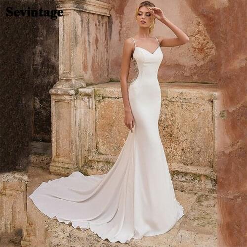 Sevintage Satin Wedding Dress Spaghetti Strap Lace Appliques Mermaid 2021 Sexy V-Neck Backless Modest Bridal Gowns Custom Made