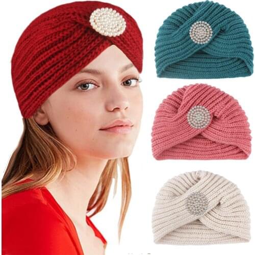 1pc Winter Hats For Women Thickening Knitted Hat Beanie Women Braided Hair Band Twisted Knot Warm Beanies Solid Color With Pearl