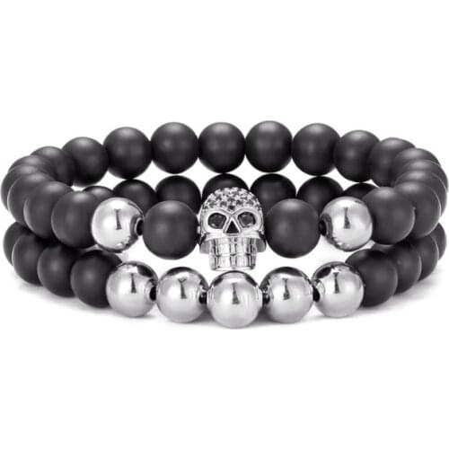 2pcs/lot 8mm skull gold silver copper cz zircon cubic zirconia beads Yoga Bracelet elastic agate Stone Bangles rtg2s