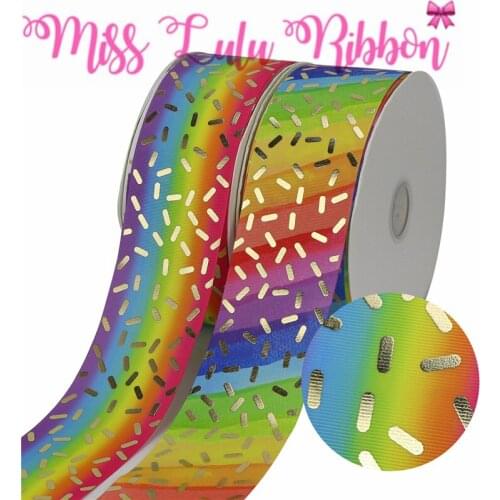 3"75mm Gold Foil Gradient Color Printed Grosgrain Ribbon DIY Wedding Party Decor 50yards/roll Rainbow Stripes
