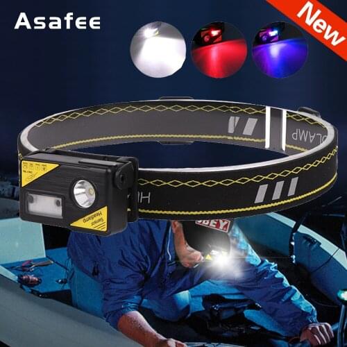 Asafee Portable Headlight Mini LEDRechargeable Red White Blue Waterproof Fishing Headlamp Body Motion Sensor Hat Clip Light USB