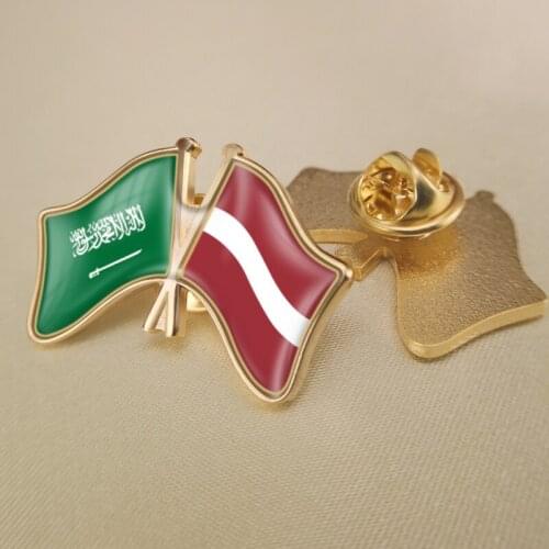 Saudi Arabia and Latvia Crossed Double Friendship Flags Lapel Pins Brooch Badges