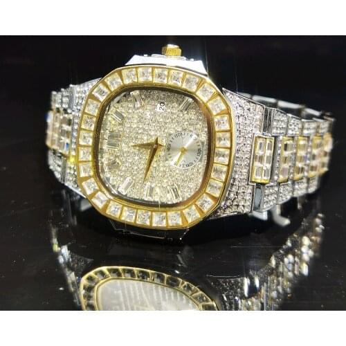 MISSFOX Large Square Diamond Men Watch Gold And Silver Iced Out Classic Style Timer Calendar Man Watches Fashion Bilngbling Hot