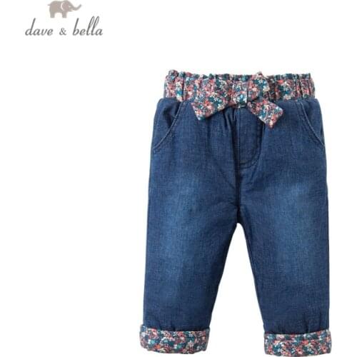 DB16326 dave bella winter baby girls fashion bow floral padded pants children full length kids pants infant toddler trousers