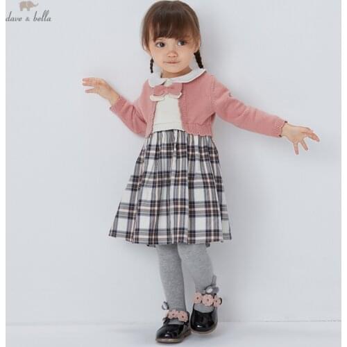 DBM18291 dave bella autumn baby girls cute bow plaid patchwork dress children fashion party dress kids infant lolita clothes