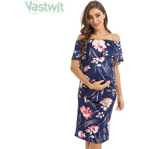 Maternity Elegant Casual Floral Printed Dress Pregnancy Ruffles Off Shoulder Bodycon Dress Pregnant Women Ruched Sides Sundress