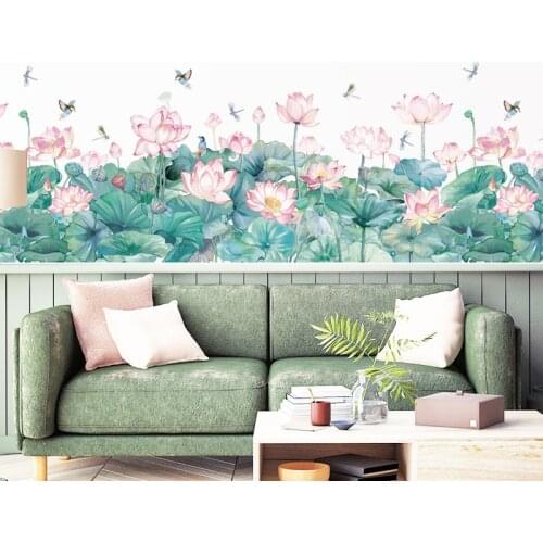 Chinese Style Green Plant Pink Lotus Flowers Stickers Living Room Bedroom Background Fresh Leaves Wall Border Decoration Decals