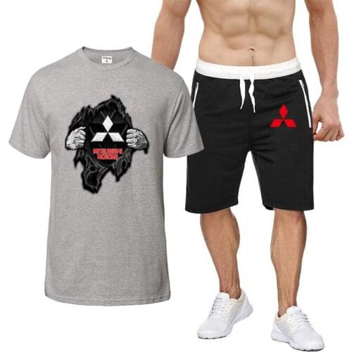 2021 Mens Short Sleeve Mitsubishi Motors Casual Summer T-Shirt Hip Hop High Quality Cotton Comfortable Hoodie+Pants Suit 2Pcs