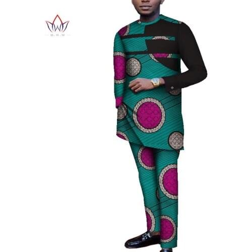 African Custom Ankara Pant Set for Men Tailor Made Long Top with Cuff-link +Full Length Pants 2 Pieces Mens Cotton Suit WYN1165