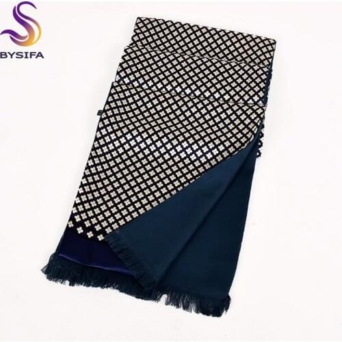 [BYSIFA] Winter Men Warm Scarves Thicken Fashion Luxury 100% Silk Male Business Long Scarf Cravat Navy Blue Neck Scarf 165*24cm