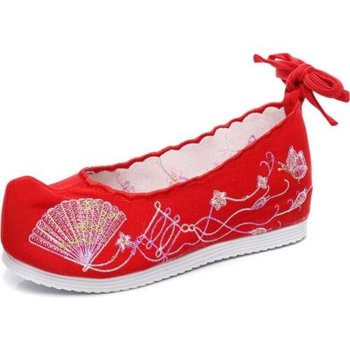 Bow Shoes Original Hanfu Shoes Womens Spring New Antique Lace-up Elevator Curved Everted Toe Lace-up Embroidered Shoes