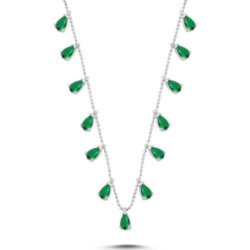 Silverlina Silver Drop Emerald Zircon Cubic Zirconia Dangle Necklace