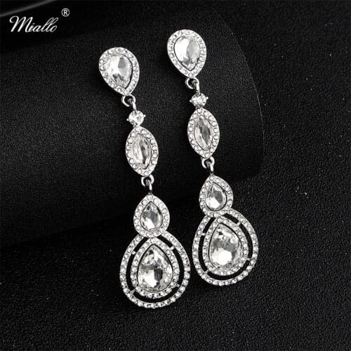 Miallo Fashion Silver Color Women Long Earrings Austrian Crystal Alloy Wedding Party Water Drop Earrings for Bride Bridesmaids