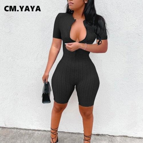 CM.YAYA Women Waffle Short Sleeve Zipper Playsuit Active Moto Biker Yoga Rompers Sport One Piece Overall Jumpsuits