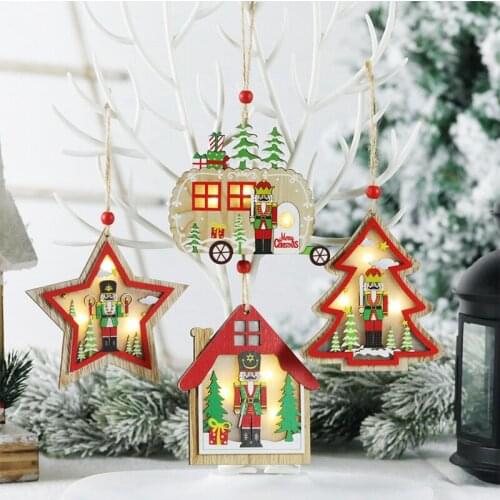 LED Christmas Wooden Pendants Nutcracker Puppet Christmas Tree Decorations Walnut Soldier Hanging Ornaments New Year Kids Gifts