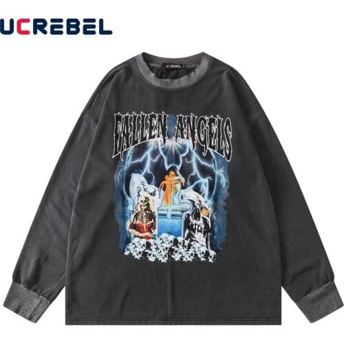 Skeleton Demon Print Sweatshirts Mens Autumn High Street Distressed Casual Loose Long Sleeved Crew Neck Pullover Men