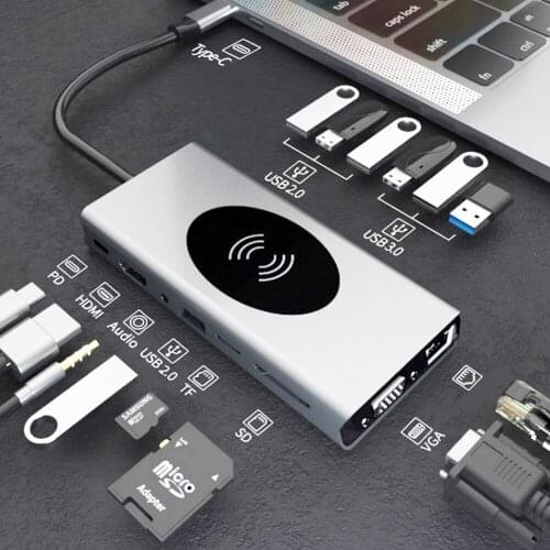 15 in 1 USB C Type C Hub with 4K HDMI VGA RJ45 3.5MM Audio 87W PD Wireless Charger Dock Station TF SD Card Reader for Macbook