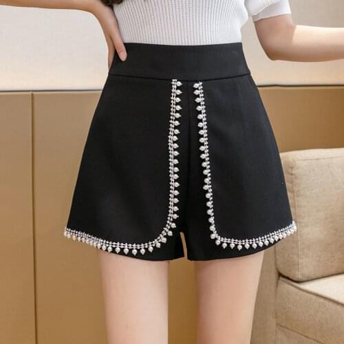 Fashion Elegant A-line Skirt Pearls Beading Diamonds Edge Womens Shorts Korean High Waist Lady Casual All-Match Short Trousers