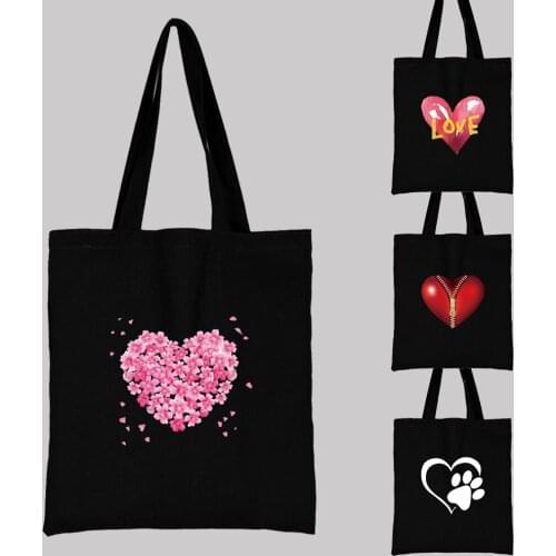 Womens Fabric Shopping Bag Shopper Fashion Classic Love Heart Pattern Series Shoulder Bag Reusable Black Print Canvas Tote Bag