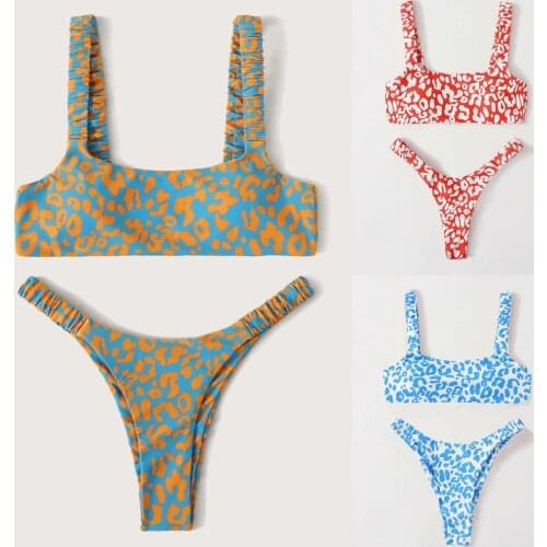 Womens Swimsuit Sexy Bathing Suit Bandeau Beachwear Printed Sexy Bikinis 2021 Two Piece Swimwear Wire Free Sling Split Tankini