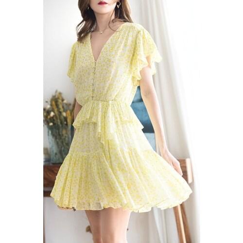 Women Yellow Mini Dress V-neck Ruffles Sleeveless Floral Printed Buttons 2021 Spring Summer Ladies Short Robe