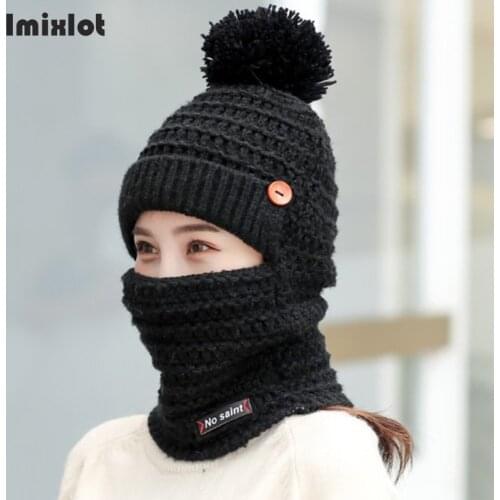 Winter Knitted Beanies Hats Women Thick Warm Beanie Skullies Hat Female Pompon Button Bonnet Beanie Caps Outdoor Riding Sets