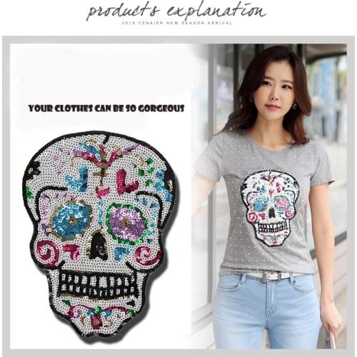 New skeleton With Sequined Patches Fashion Applique lron on Patch for Clothes Bags DIY Decal Apparel Accessory 2pcs
